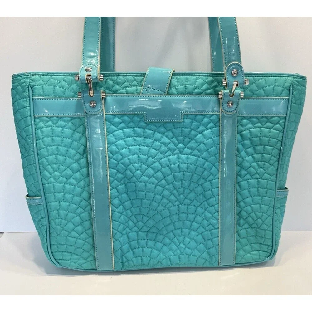 Vera Bradley Vera Tote Forever Green Teal Checkered Quilted Laptop Bistro Large